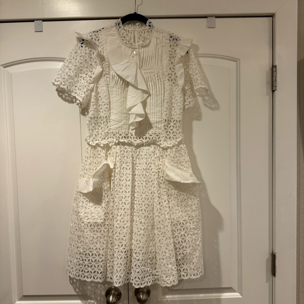 Self-Portrait White Eyelet Ruffle Detail Short Sleeve Dress Size 8 - Picture 4 of 12